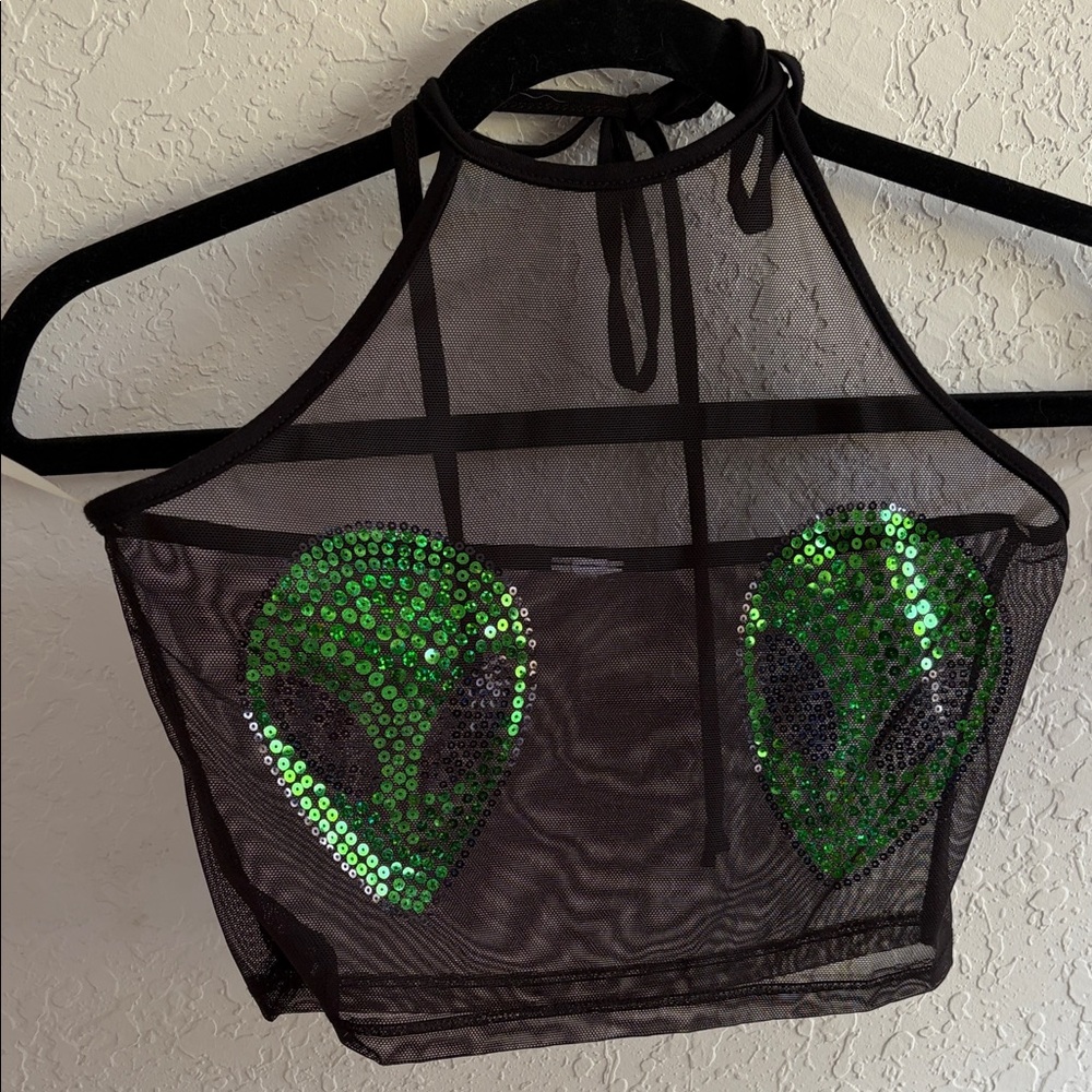 Hustler store Black Mesh Halter Top with Green Sequin Alien Design EDM size Sm